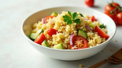 Wall Mural - Refreshing couscous salad with colorful vegetables and fresh herbs in a white bowl