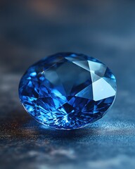 Poster - Faceted blue gem stone on textured surface with light reflection and dark background