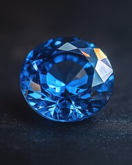 Poster - Faceted Blue Gemstone with Sharp Edges and Light Reflections on Dark Surface Close Up