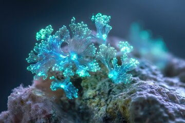 Fototapete - Vibrant blue-green bioluminescent organisms thriving on a textured surface.