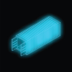 Poster - Neon blue intermodal container glowing on dark background representing global shipping and logistics