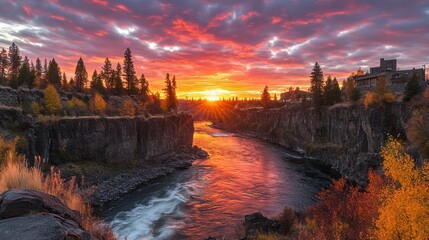 Wall Mural - Vibrant sunset over a river canyon with autumn foliage.