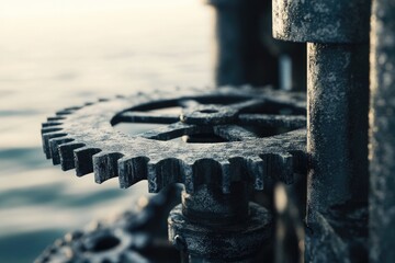 Poster - Close-up of a weathered metallic gear, possibly part of an old machine near water.