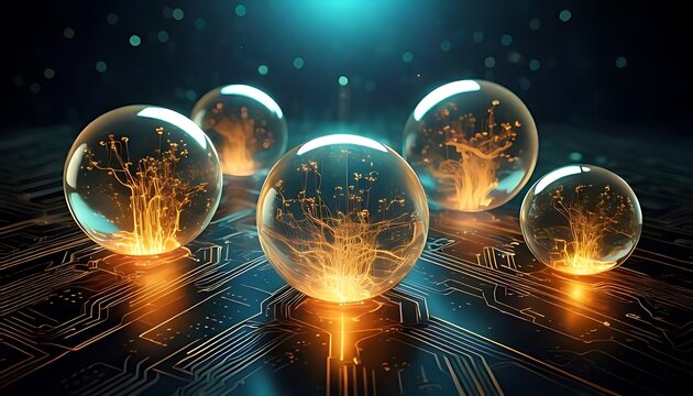 Glows from organic structures within transparent spheres are placed on a circuit pattern with a cool-toned background.