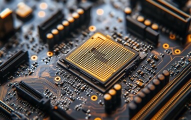 Poster - Liquid gold CPU chip installed on motherboard