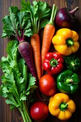 Sticker - Vibrant Harvest A Colorful Collection of Fresh Vegetables Featuring Carrots, Beets, Peppers, and Tomatoes, Arranged on a Rustic Wooden Surface