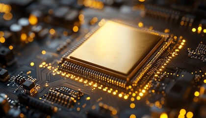 Poster - Closeup of liquid gold CPU chip on motherboard