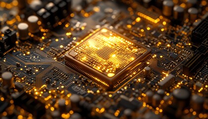Poster - Closeup of liquid gold CPU chip on motherboard