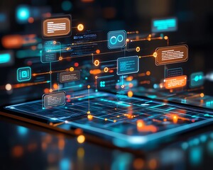 Poster - AIpowered digital chatbot interface on a tablet screen, featuring interactive chat bubbles and responsive AI design