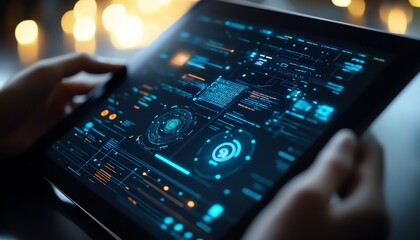 Poster - AIdriven chatbot interface on tablet screen, featuring interactive elements, sleek design, and intuitive user interaction