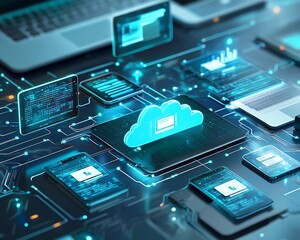Leinwandbilder - Cloud storage concept with global file sharing across digital devices, symbolizing seamless data access and synchronization worldwide