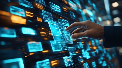 Poster - Cloud storage service with a futuristic holographic interface, illustrating seamless synchronization and secure file management
