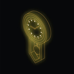 Poster - Neon glowing isometric grandfather clock telling the time on a dark background