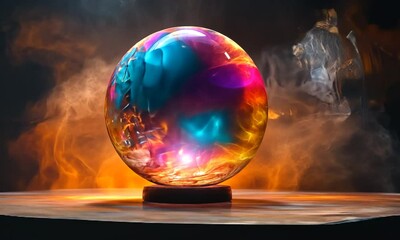 Wall Mural - Colorful abstract glass sphere illuminated by vibrant lighting effects on a dark background