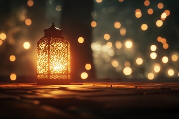 Poster - Illuminated lantern on wooden surface with bokeh lights.