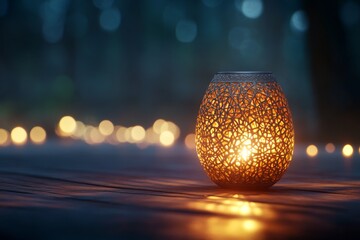 Poster - Illuminated ornate lantern on wooden surface with bokeh background.
