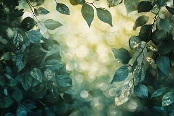 Sunlit leaves frame bokeh background; nature, design