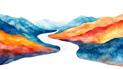 Aufkleber - An abstract watercolor painting depicts a winding river flowing through colorful orange and blue mountains creating a serene landscape.