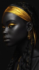 Poster - 3d hyperrealistic depiction of a black women with gold contours highlighted in relief set against a solid black background to create a dramatic and visually stunning effect
