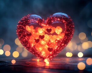 Poster - Glowing heart filled with smaller hearts, bokeh background.