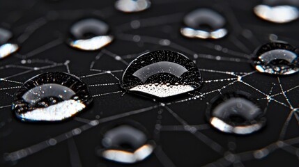 Water droplets on dark surface, network pattern background. Science or technology concept