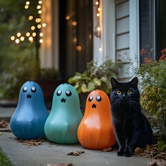 Poster - Black cat rests beside three inflatable Halloween ghosts each in blue orange and green with creepy faces set in a front yard decorated with string lights under the eerie glow of a full moon