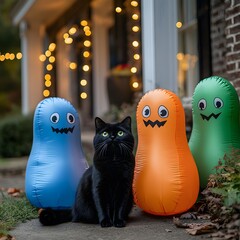 Fototapete - Black cat sitting beside three inflatable Halloween ghosts