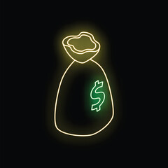Poster - Glowing neon illustration of a bag of money with a dollar sign on it