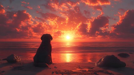 Poster - Black dog sitting on a sandy beach mesmerized by the sunset with the sky glowing in soft pinks and oranges and a calm sea dotted with rocks creating a serene and warm atmosphere