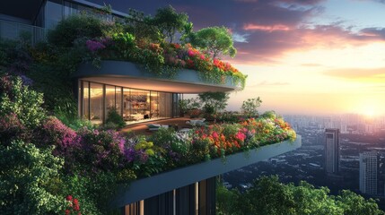 Poster - Private sky garden atop a modern condo, featuring vibrant flowers, trees, and a relaxing open-air atmosphere.