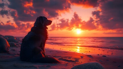 Poster - Black dog sitting on a sandy beach mesmerized by the sunset with the sky glowing in soft pinks and oranges and a calm sea dotted with rocks creating a serene and warm atmosphere
