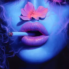 Poster - Bold illustration featuring pink and blue lips smoking a cigarette topped with a pink flower surrounded by wisps of purple smoke on a black background The vibrant colors pop against the darkness