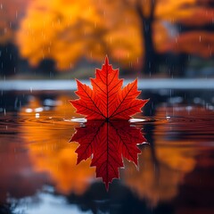 Poster - Bright red maple leaf floats on a still water surface reflecting sharply In the background bokeh of orange and yellow trees light rain creating ripples with soft warm lighting setting a fall mood