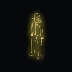 Poster - neon yellow glowing silhouette of a man standing, isometric icon vector illustration