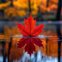 Fototapete - Bright red maple leaf floats on a still water surface reflecting sharply In the background bokeh of orange and yellow trees light rain creating ripples with soft warm lighting setting a fall mood