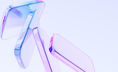 Poster - 3d glass holographic transparent square plate shapes on pastel macro background. Abstract geometric blocks with rainbow color gradient, dispersion light render. Digital tech banner. 3D illustration