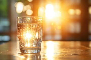Wall Mural - A glass of sparkling water sits on a table, backlit by the warm golden light of the setting sun.