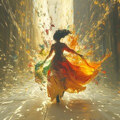 Poster - Captivating 3D rendering of painter motion splashing paint that morphs into an abstract woman surrounded by swirling colors in a lowlight environment with striking shadows and illuminated highlights