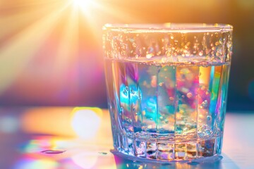 Wall Mural - A glass of water illuminated by a vibrant sunset, creating a colorful, ethereal scene.