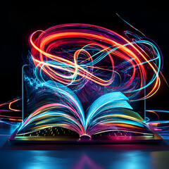 Poster - Knowledge Unveiled: An open book on a digital tablet emanates vibrant, swirling light trails.