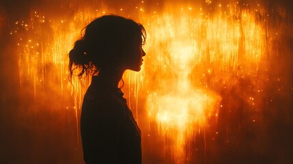 Fototapete - Captivating cinematic moment of a painter throwing paint at a wall which morphs into the shape of a woman with dynamic patterns and an atmospheric lowlight backdrop accentuated by glowing highlights