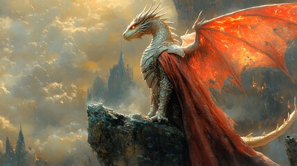 Poster - Captivating illustration of a tiny dragon perched gracefully on a mage's shoulder its delicate wings flickering and scales shimmering with the mages robes flowing in a magical aura