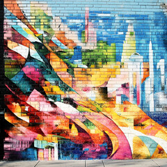 Poster - Cityscape Mural: Vibrant and dynamic urban mural, bringing life to a brick wall, showcasing a colorful cityscape with abstract designs and artistic expression.