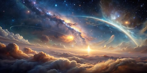Wall Mural - a celestial tapestry sunrise over a dreamlike planet, enveloped by a star-studded galaxy and swirlin