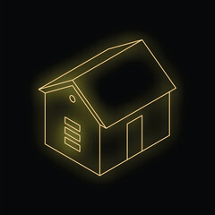 Poster - Neon yellow glowing house icon illuminating dark background, representing real estate, construction, and housing concepts