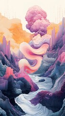 Poster - Captivating ink illustration featuring a central wavy form entwined with bold and delicate lines set in a surreal landscape of geometric shapes and ethereal pastel colors with binary highlights