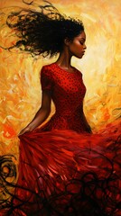 Poster - Captivating oil canvas illustration of a beautiful African American queen of life in a red dress with black dots gracefully walking against a yelloworange burning sun with swirling black elements