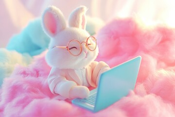 Wall Mural - Adorable bunny wearing glasses works on a laptop nestled in fluffy pink cotton candy clouds.