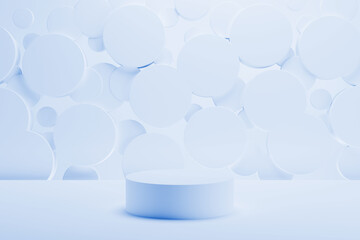 Poster - light blue round podium on abstract stage mockup, soft shining flying circles decor. template 3d ill