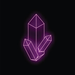 Poster - Glowing neon purple crystals on a black background create a vibrant and mystical atmosphere